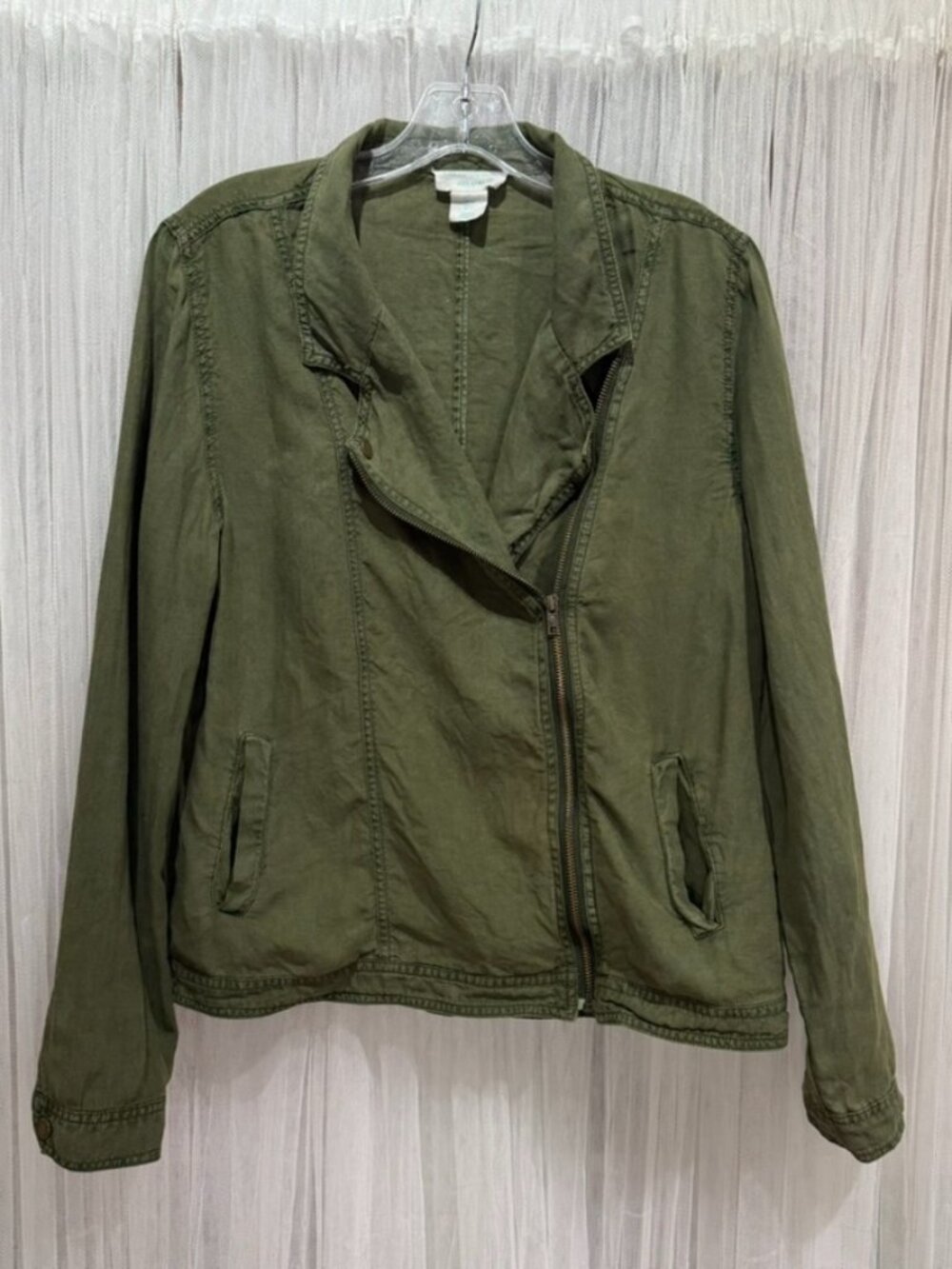 Cynthia Rowley 100% Linen Moto Jacket Womens Large Olive Green Asymmetrical Zip